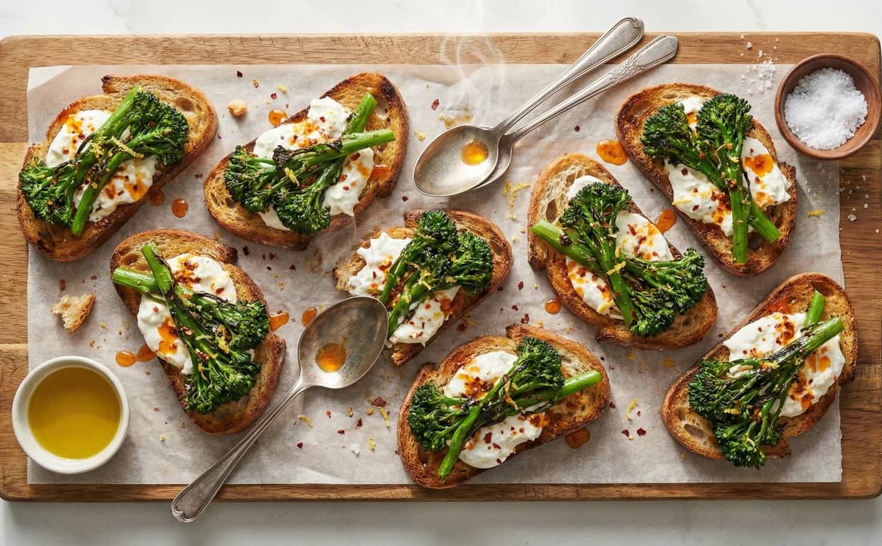 Charred Broccolini Burrata Crostini