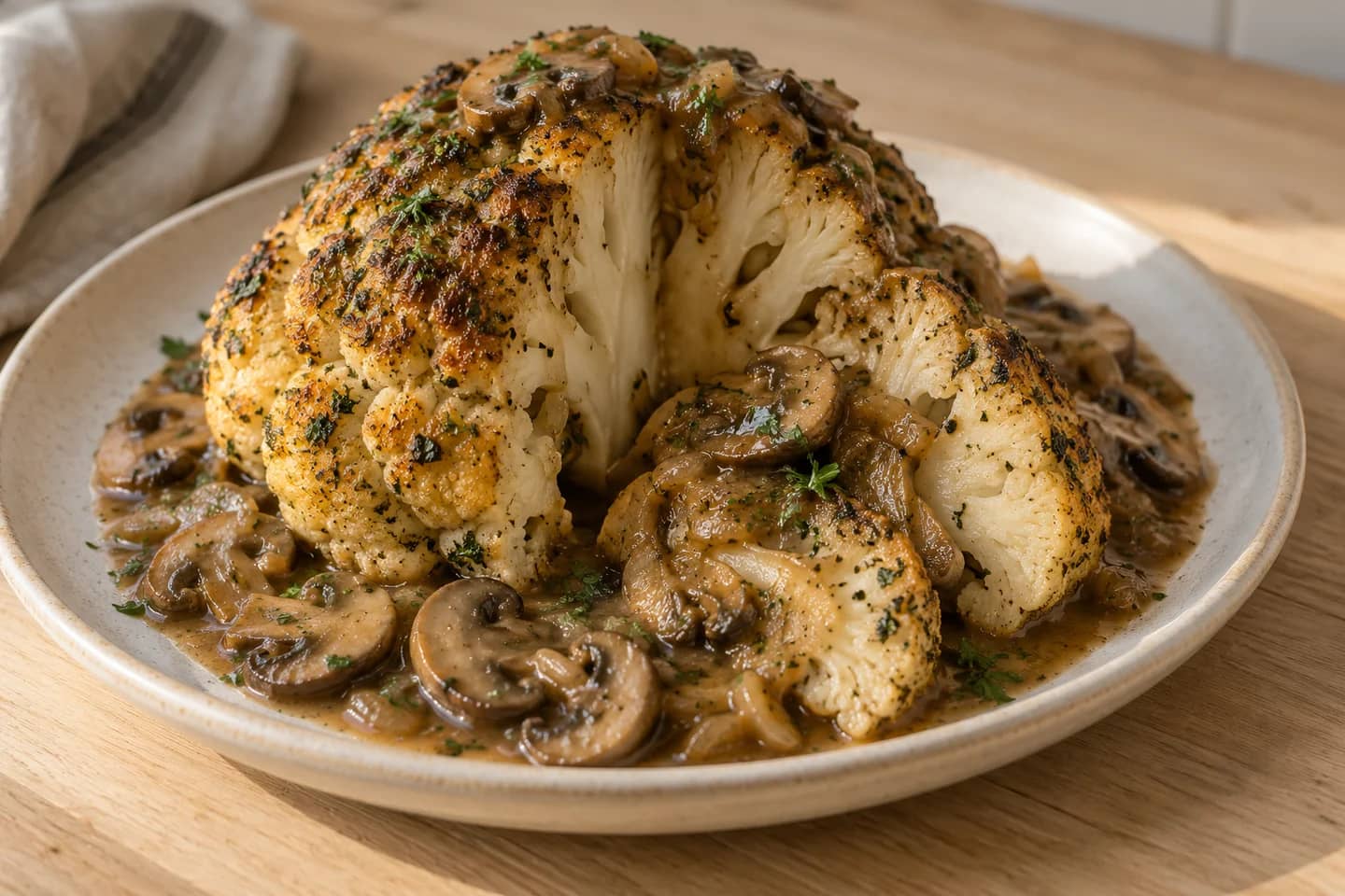 Herb-Roasted Cauliflower Crown with Shallot-Mushroom Gravy