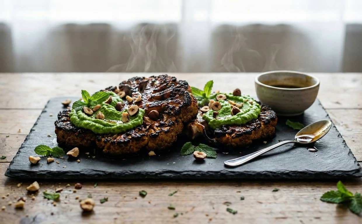 Marmite-Roasted Cauliflower Steaks with Pea & Mint Smash