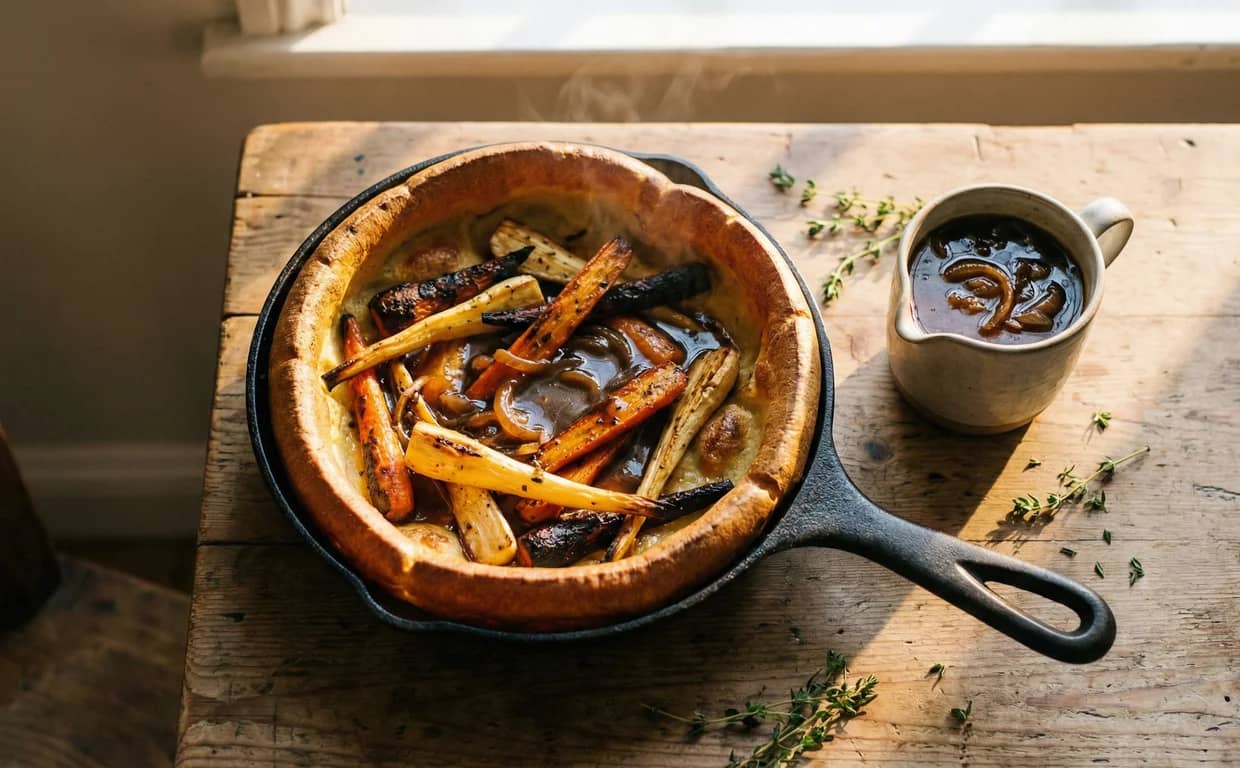 Root Vegetable Toad-in-the-Hole with Onion Ale Gravy