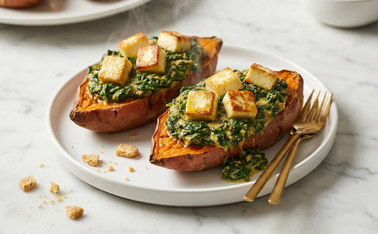 Saag Paneer Stuffed Sweet Potatoes