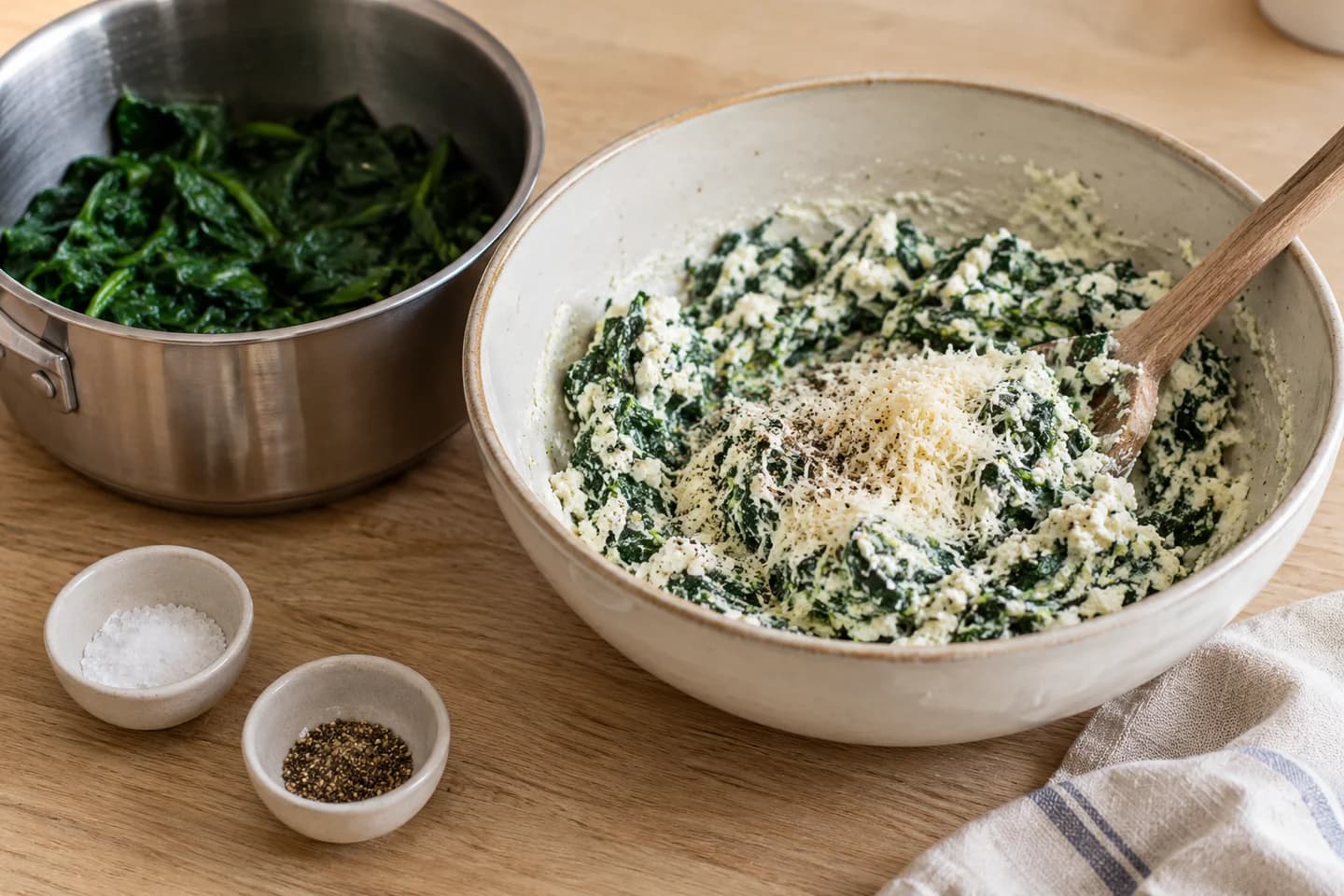 Baked Spinach Ricotta Shells: Wilt spinach in a saucepan for 2 minutes, cool and squeeze dry
