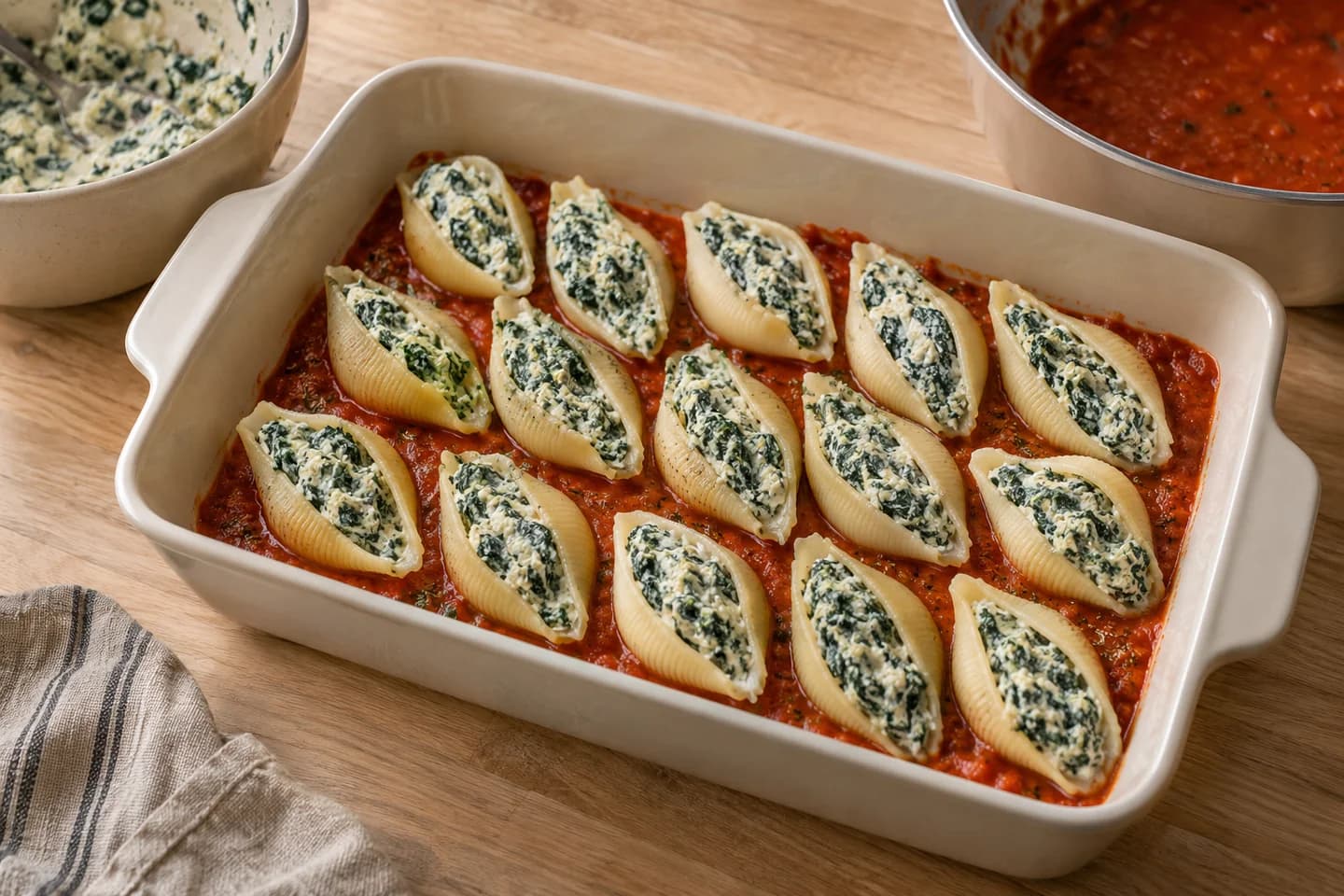 Baked Spinach Ricotta Shells: Mix passata with garlic, oil and oregano and spread in an ovenproof dish