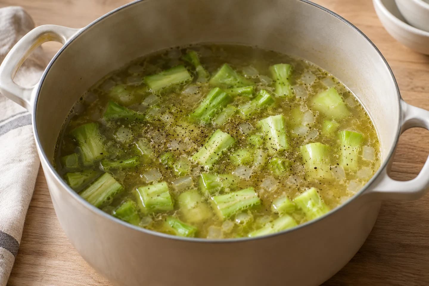 Broccoli Pea Mint Soup: Add broccoli stalk pieces, stock, salt and pepper and simmer for 5 minutes