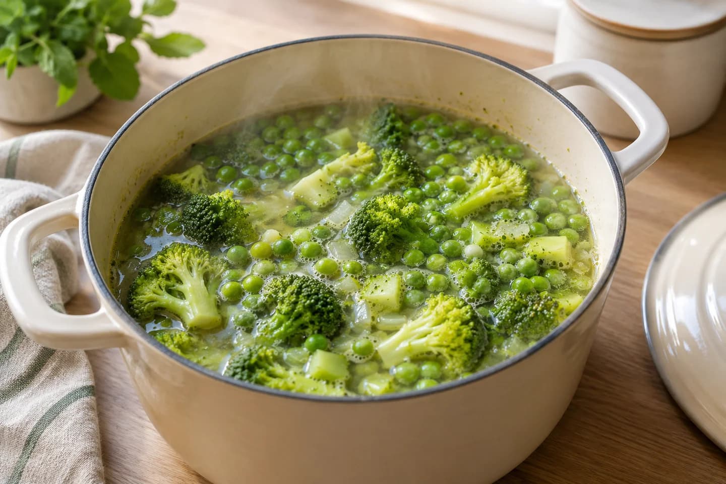 Broccoli Pea Mint Soup: Add broccoli florets and peas and simmer for 6–7 minutes until just tender
