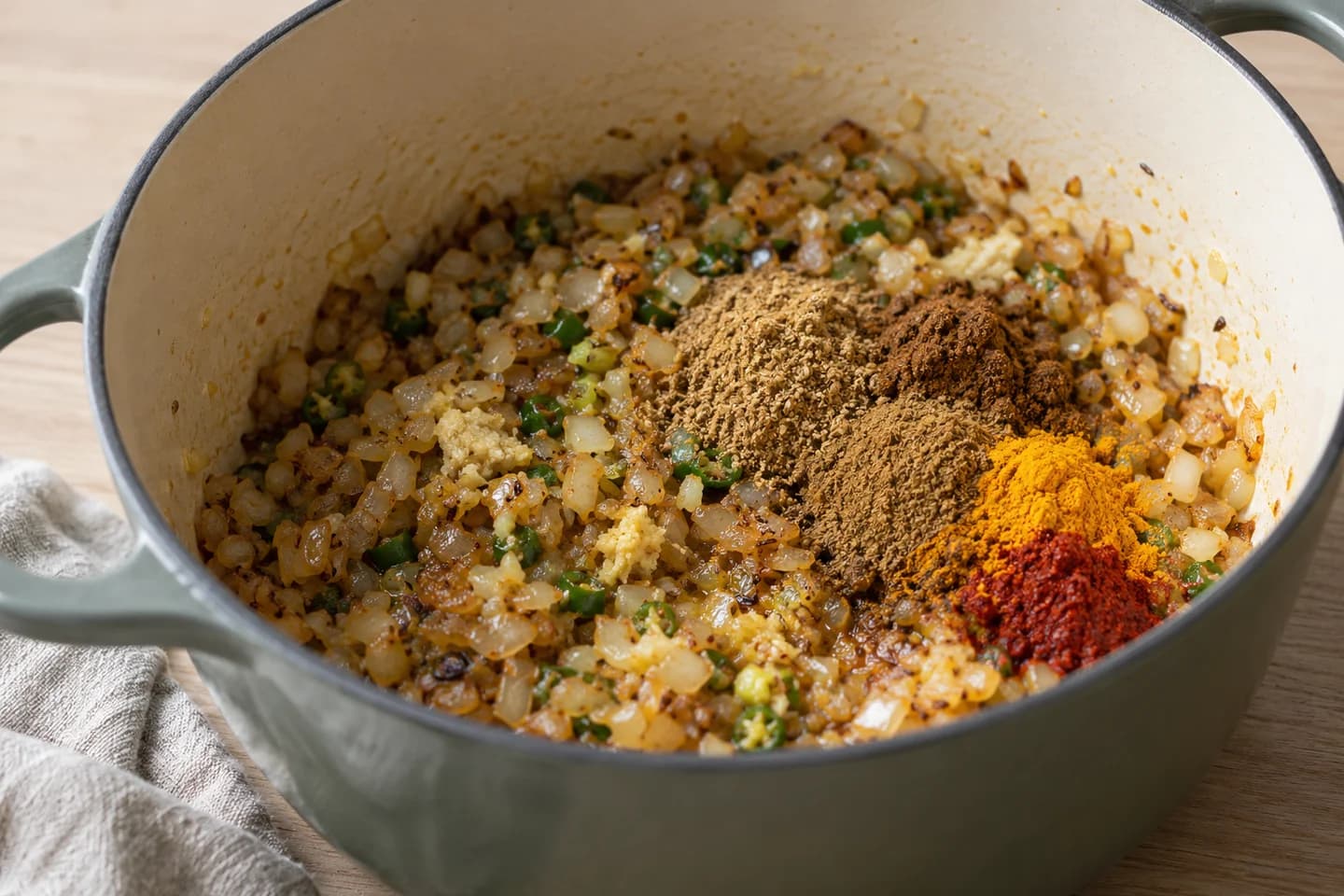 Chana Masala: Add garlic, ginger, and serrano; cook 1 minute, then stir in coriander, garam masala, cumin, turmeric, and chili until toasty
