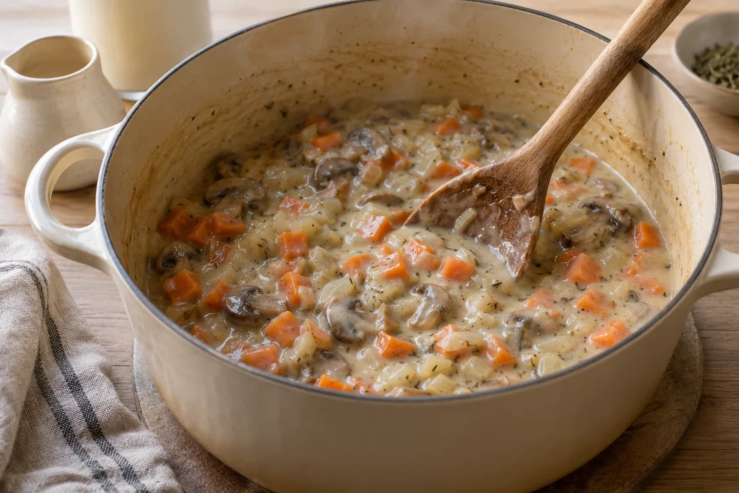 Chickpea Vegetable Pot Pie: Stir in flour and thyme for 1 minute