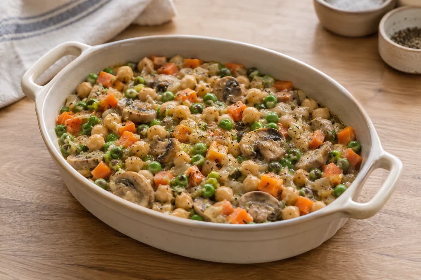 Chickpea Vegetable Pot Pie: Add chickpeas, peas, salt and pepper
