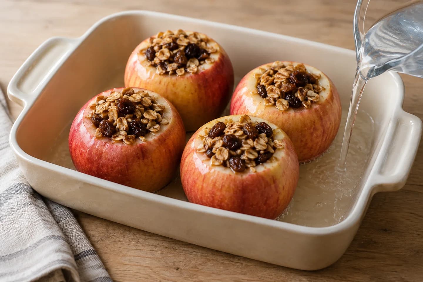 Cinnamon Baked Apples: Pack the mixture into the apples and pour water into the dish