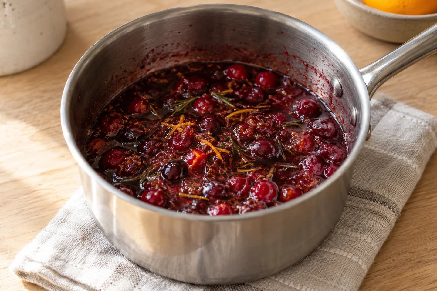 Cranberry-Balsamic Halloumi Skewers: Combine cranberries, balsamic vinegar, maple syrup, orange juice, zest, and rosemary in a small saucepan