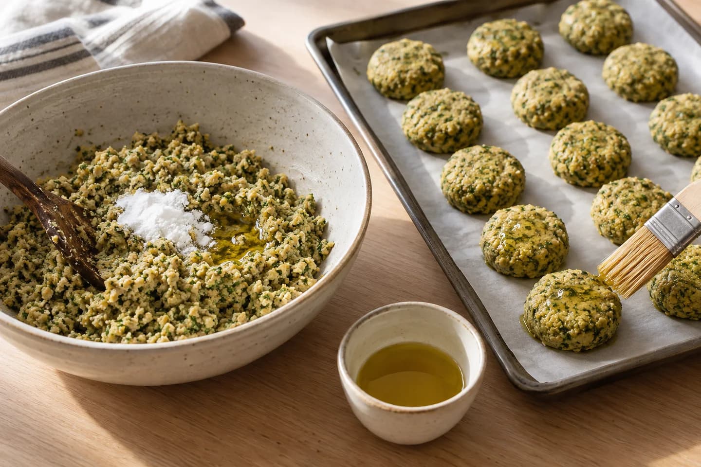 Crispy Baked Falafel: Stir in baking powder and half the oil