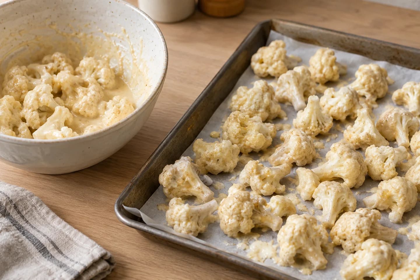 Crispy Cauliflower Buffalo Wraps: Coat cauliflower in batter and arrange on a lined tray