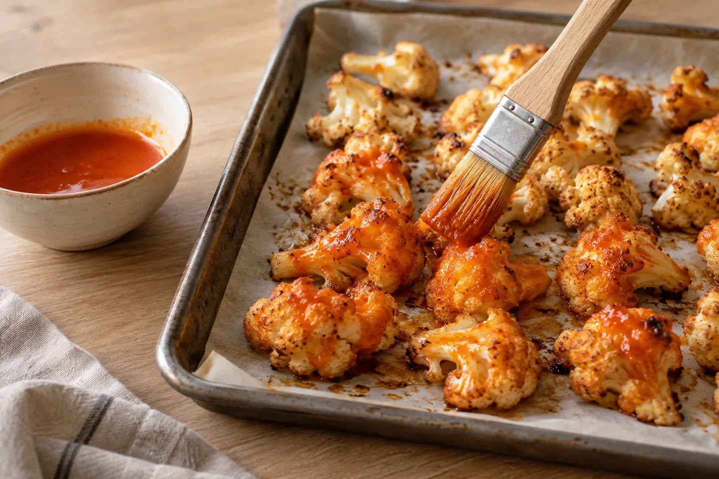 Crispy Cauliflower Buffalo Wraps: Mix hot sauce with oil, brush over cauliflower and bake for another 8–10 minutes