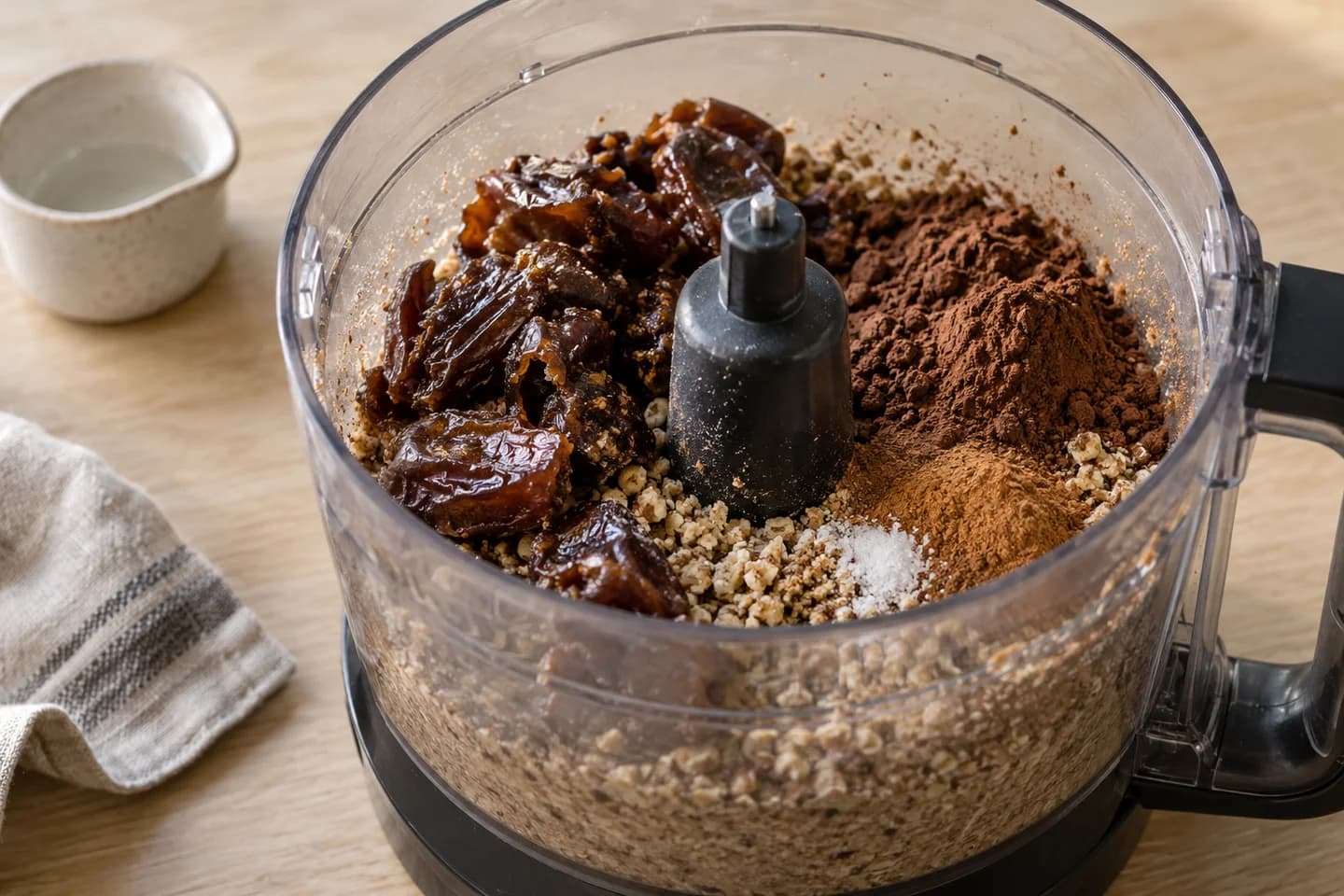 Date Walnut Energy Bites: Add dates, cocoa, cinnamon, salt and water and pulse until the mixture clumps when pressed