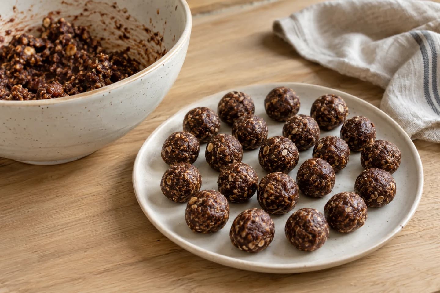 Date Walnut Energy Bites: Roll into 24 small balls, using slightly damp hands if sticky