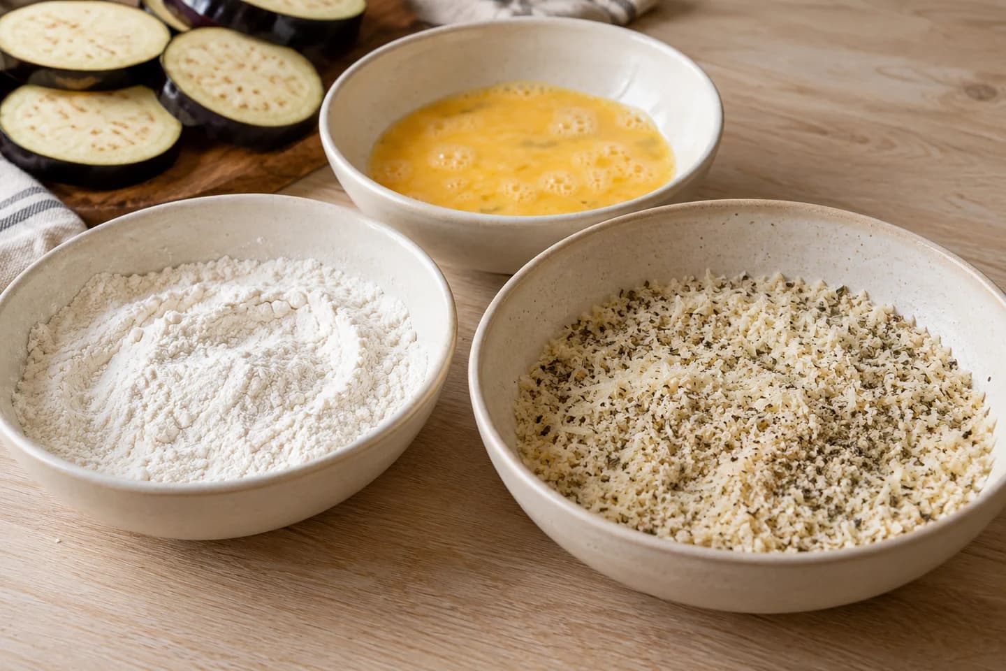 Eggplant Parmesan: Set up dredging stations for flour, beaten eggs, and panko mixed with 1/2 cup vegetarian Italian-style hard cheese, oregano, salt, and pepper