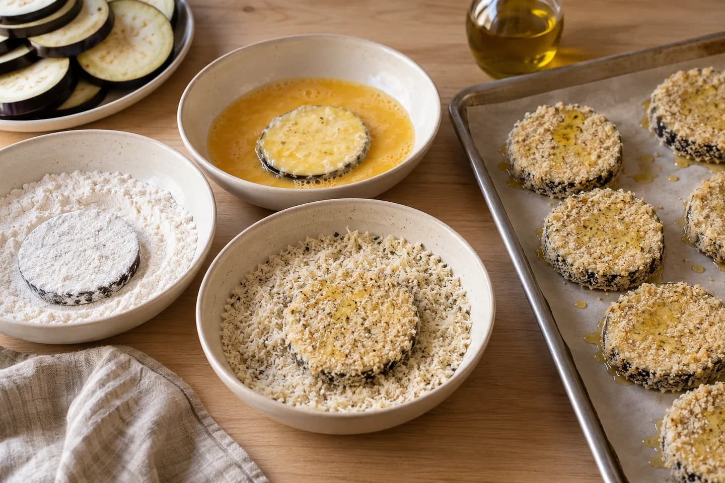 Eggplant Parmesan: Dip each slice in flour, egg, and crumbs, arranging on parchment-lined sheet pans and drizzling with half the oil