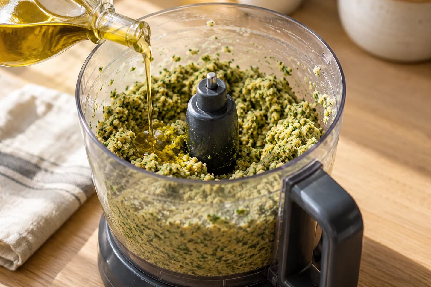 Falafel Pita Wraps: Drizzle in 1 tablespoon olive oil and pulse once more; chill 15 minutes to hydrate