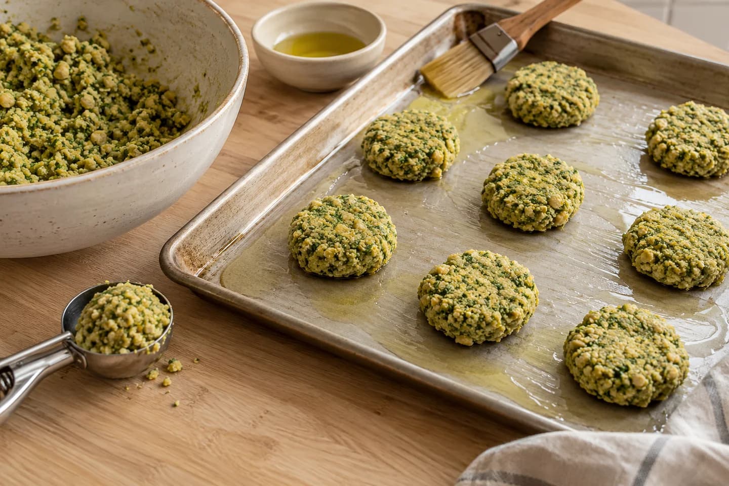 Falafel Pita Wraps: Scoop golf-ball portions, flatten slightly, and arrange on an oiled sheet pan brushed with remaining olive oil