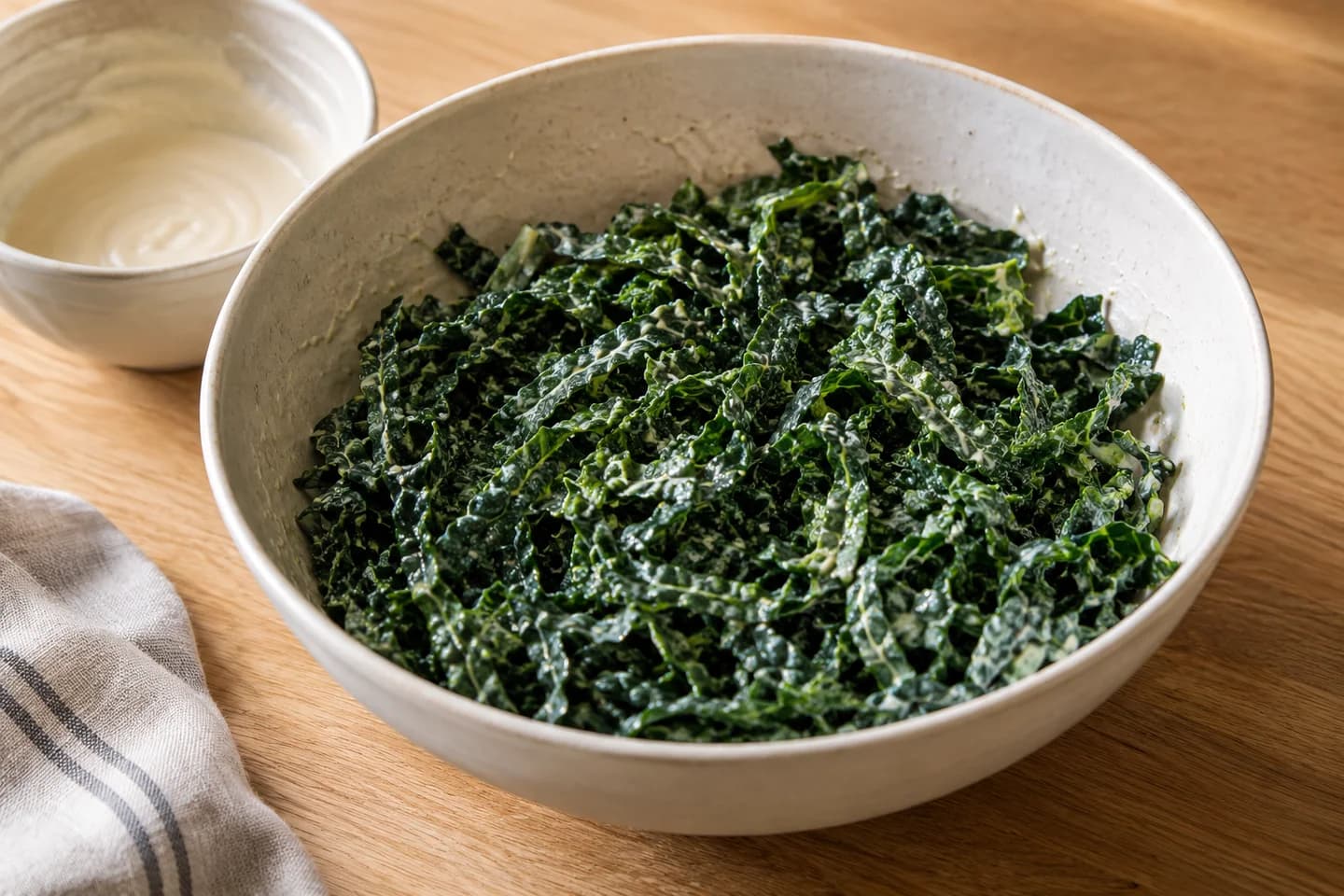 Crispy Kale Caesar Salad: Destem kale, slice into ribbons, and massage with half the dressing for 1 minute to soften