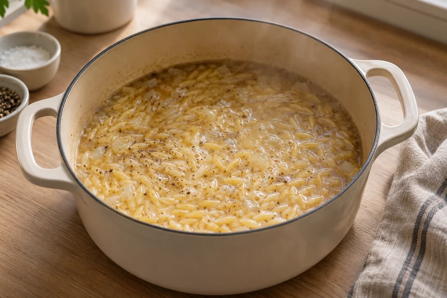 Lemon Spinach Orzo: Add stock, salt and pepper