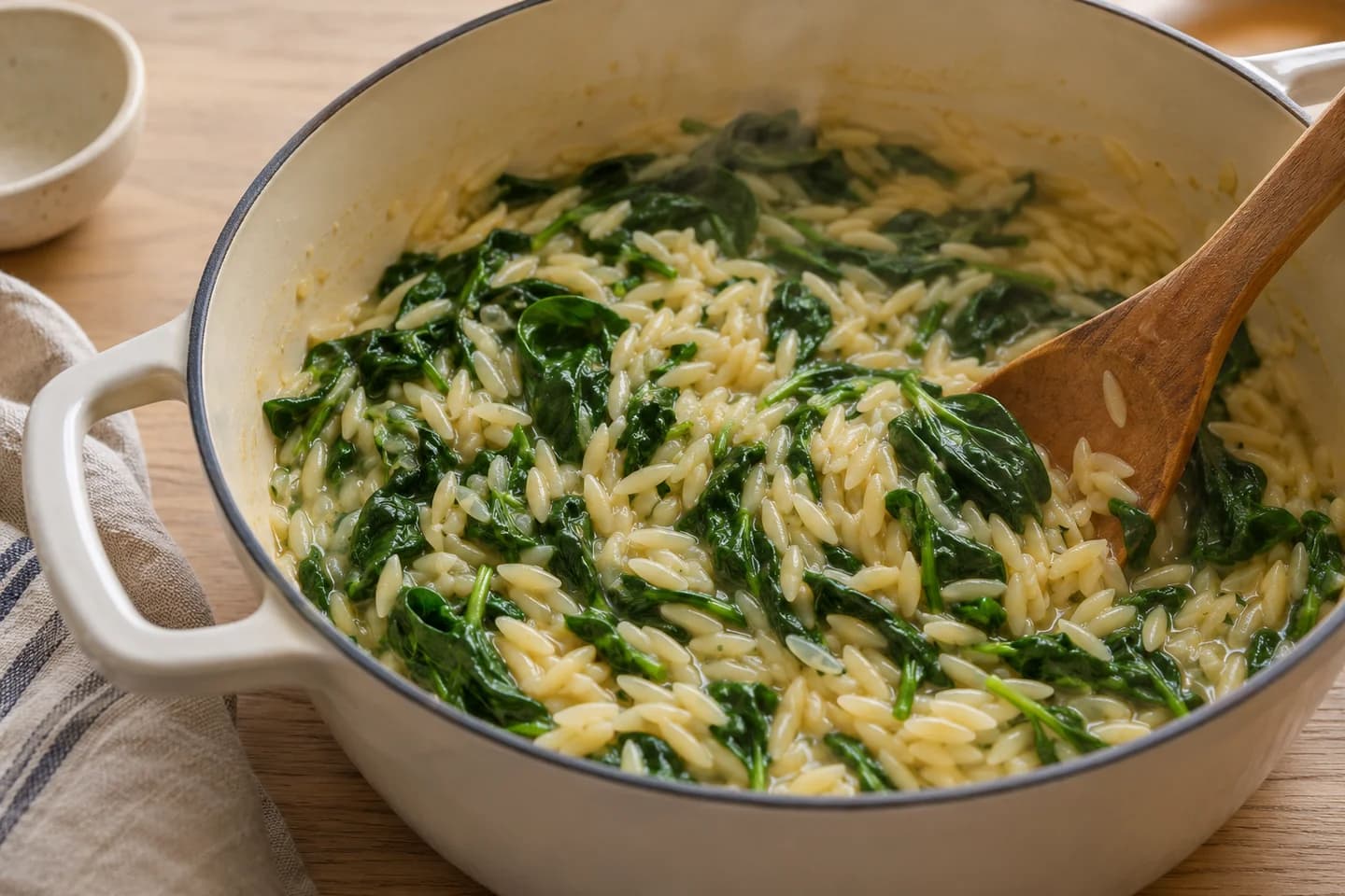Lemon Spinach Orzo: Fold in spinach and cook for 2 minutes until wilted