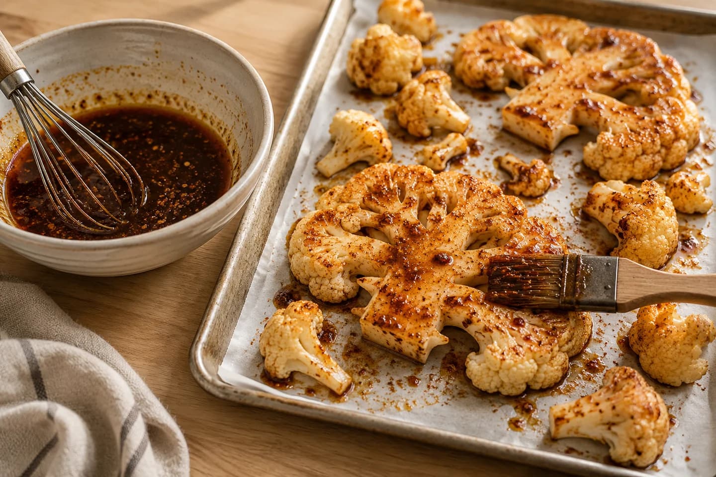 Marmite-Roasted Cauliflower Steaks with Pea & Mint Smash: Whisk the 3 tablespoons olive oil with Marmite, maple syrup, vinegar, paprika, chile flakes, and 1/2 teaspoon salt