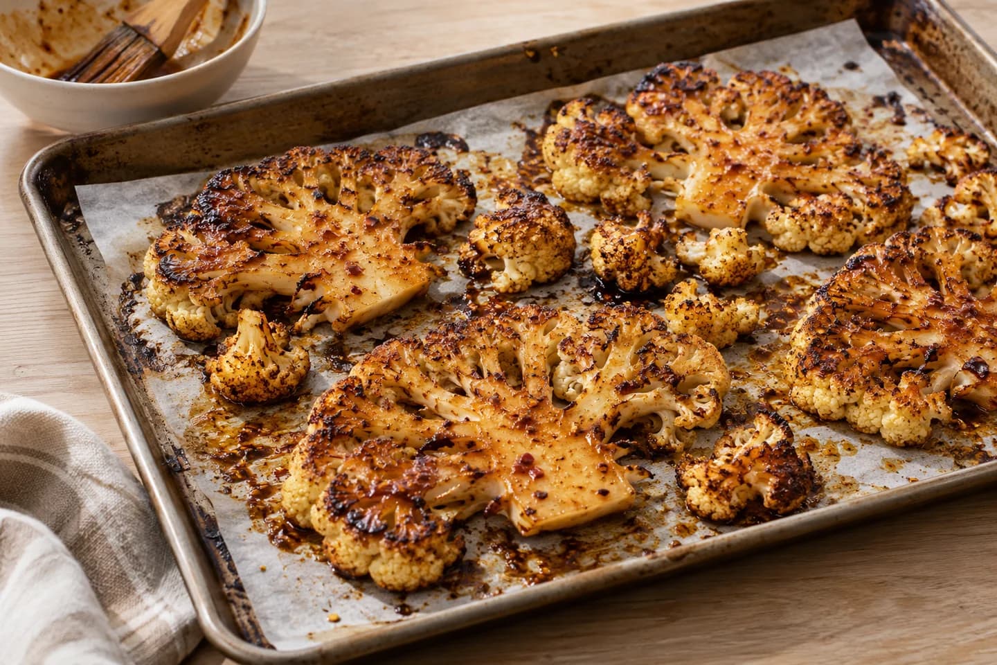Marmite-Roasted Cauliflower Steaks with Pea & Mint Smash: Roast 15 minutes, flip carefully, brush with remaining glaze, and roast 8 to 10 minutes more until edges char