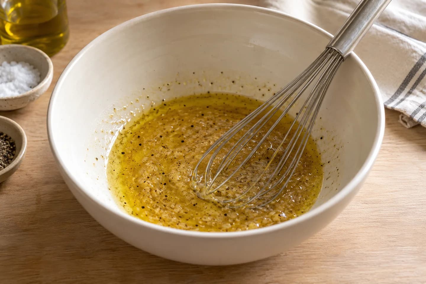 Mediterranean Panzanella: Whisk remaining olive oil with vinegar, lemon juice, mustard, honey, salt, and pepper in a large bowl