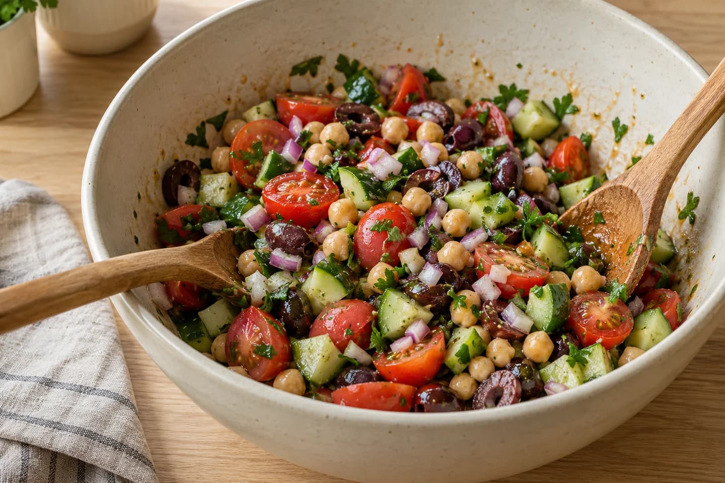 Mediterranean Panzanella: Add tomatoes, cucumber, olives, chickpeas, onion, and parsley; toss gently