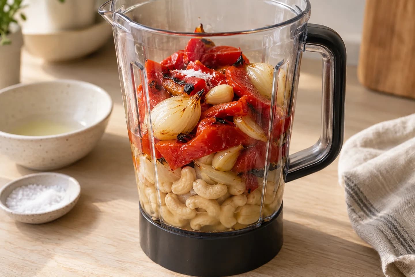Roasted Red Pepper Pasta: Blend cashews and their water with roasted vegetables, lemon juice and salt until smooth