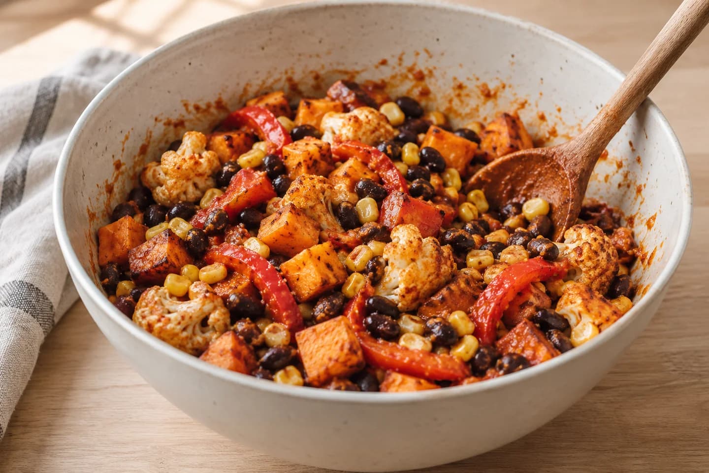 Roasted Veggie Enchiladas: Combine the roasted vegetables with black beans and corn in a bowl; stir 1/2 cup enchilada sauce to moisten the filling