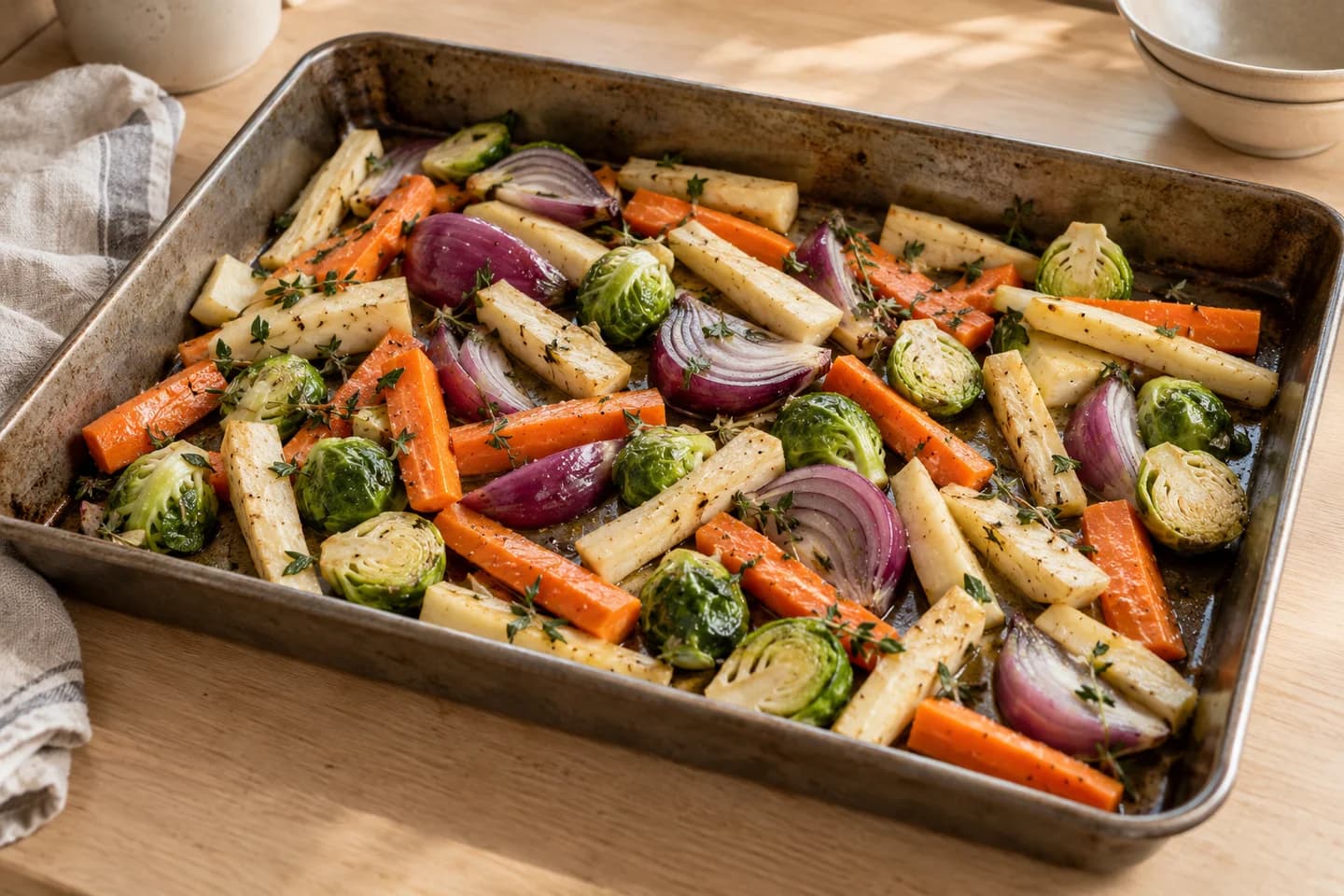 Root Vegetable Toad-in-the-Hole with Onion Ale Gravy: Toss parsnip, carrots, red onion, Brussels sprouts, thyme, and remaining oil with 1/2 teaspoon salt