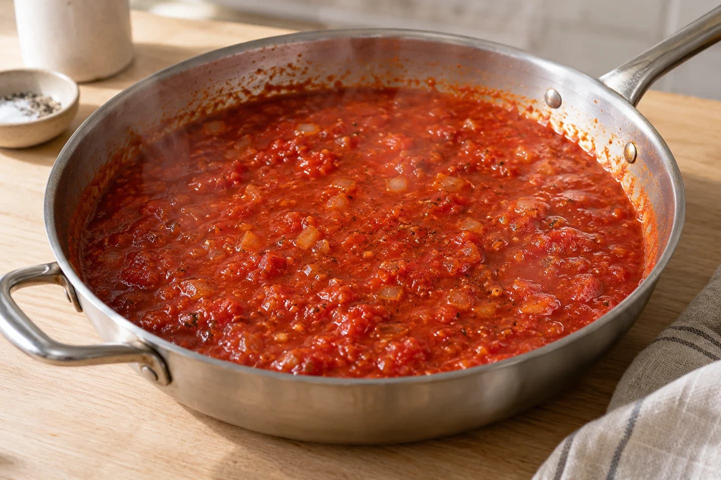 Spinach Ricotta Lasagna: Pour in the marinara, crushed tomatoes, and water, bring to a simmer, and cook for 8 minutes to meld; taste and season with salt and pepper