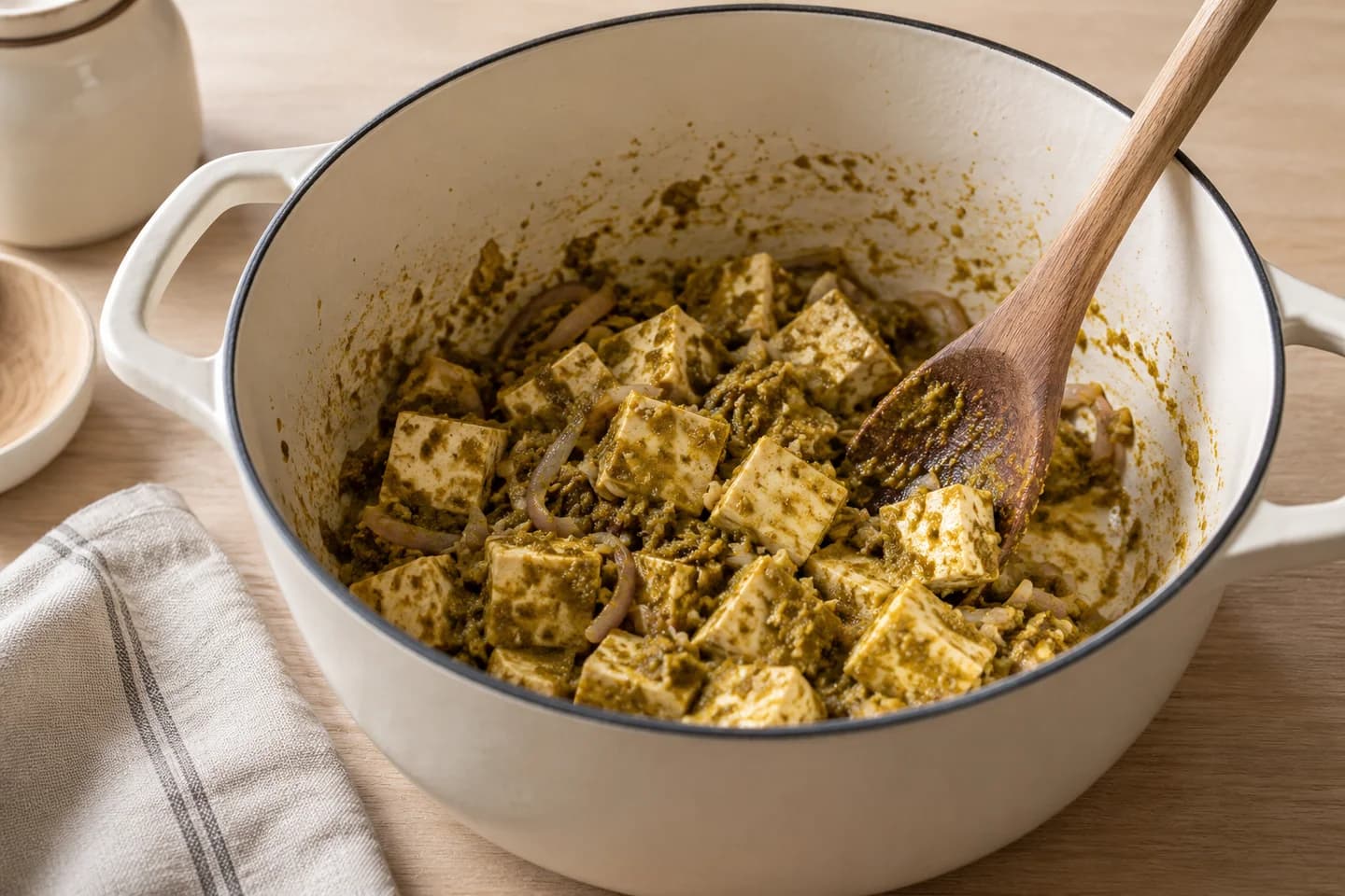 Thai Green Curry: Stir in curry paste and cook 1 minute until aromatic, then add tofu cubes and toss to coat