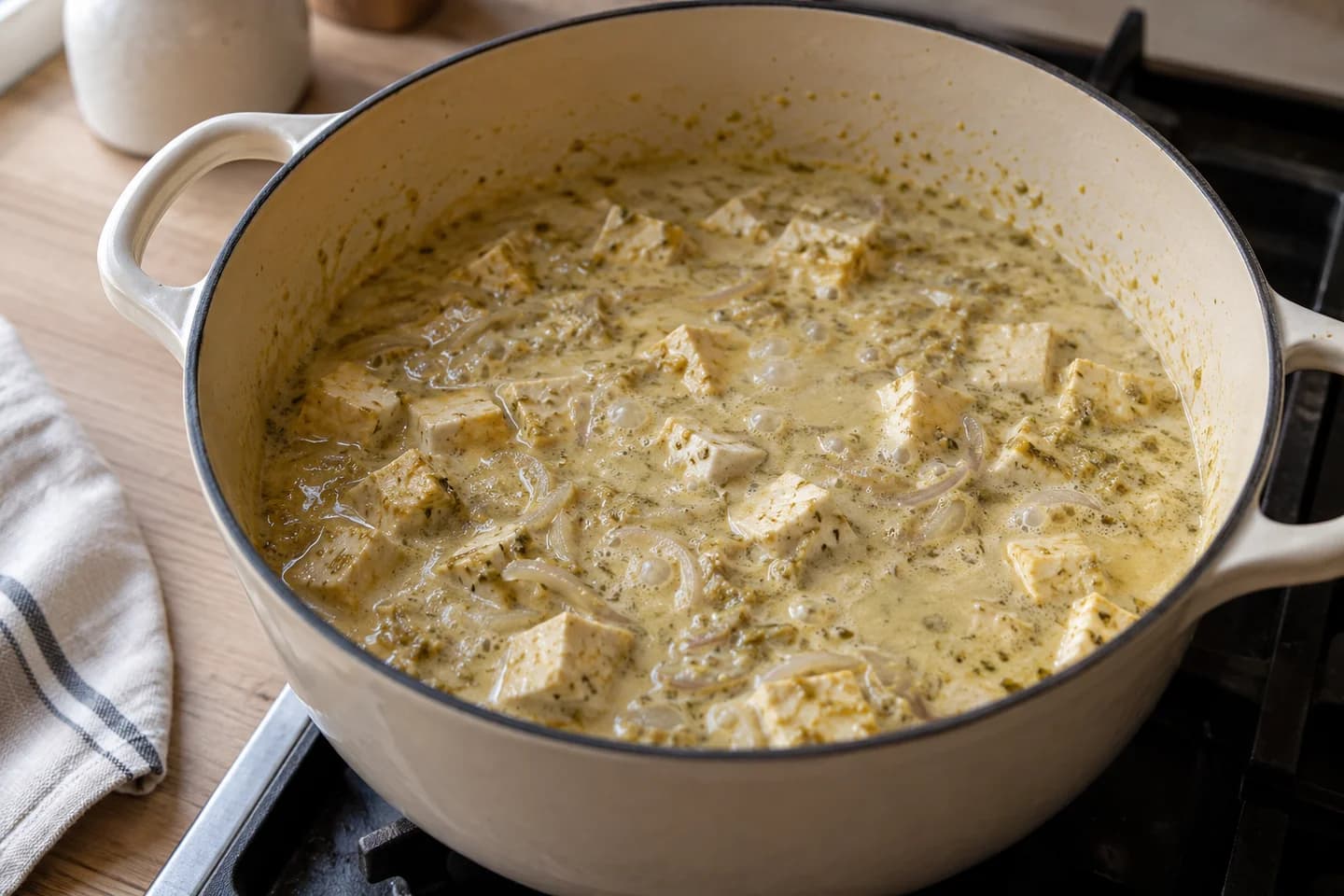 Thai Green Curry: Pour in coconut milk, vegetable broth, gluten-free tamari, and coconut sugar; bring to a gentle simmer