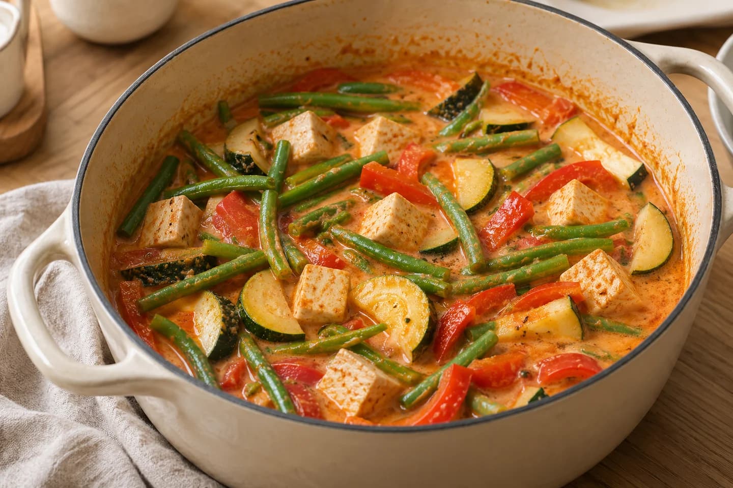 Tofu Vegetable Red Curry: Add tofu, green beans and pepper and cook for 8 minutes