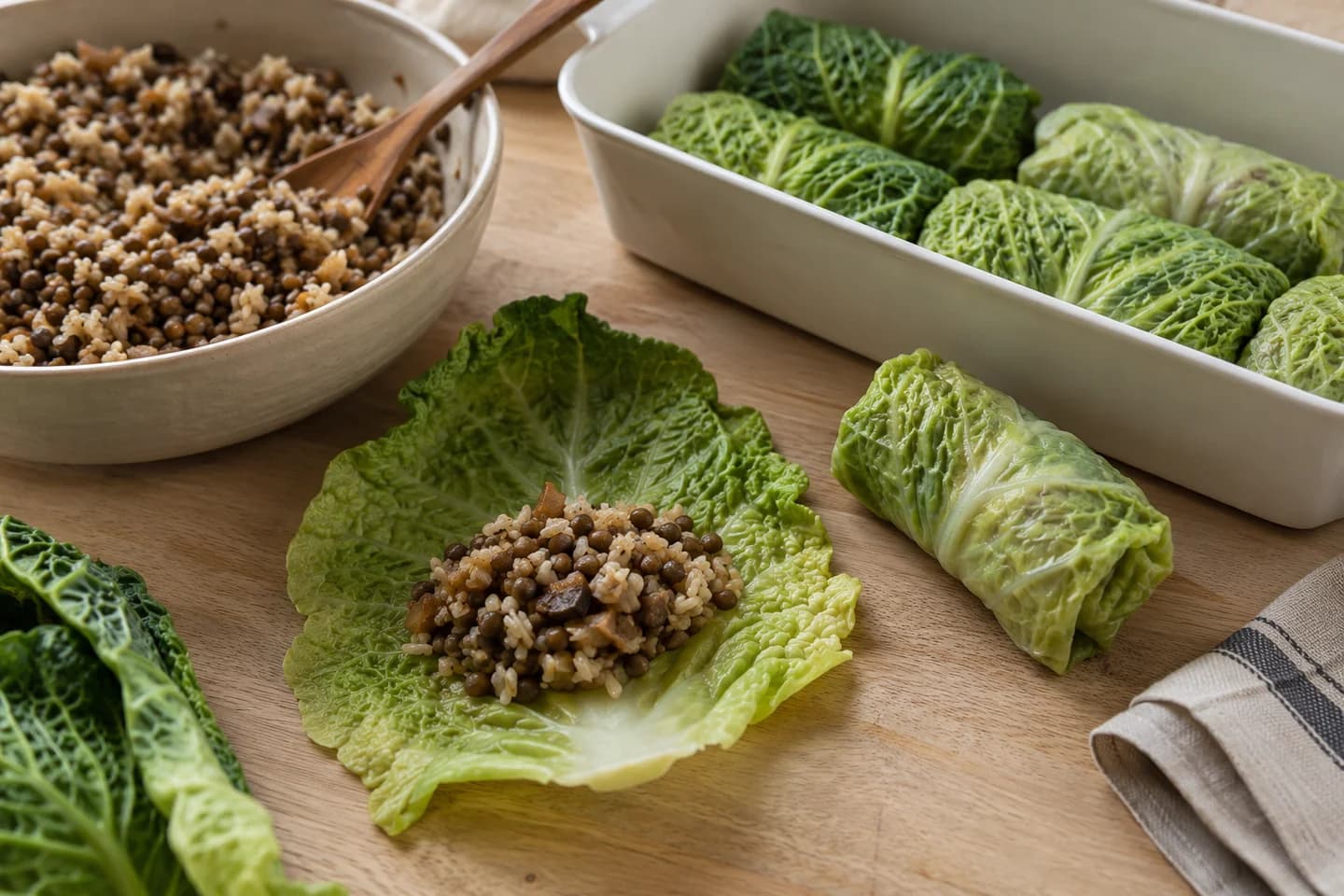 Vegetarian Stuffed Cabbage Rolls: Divide filling between leaves