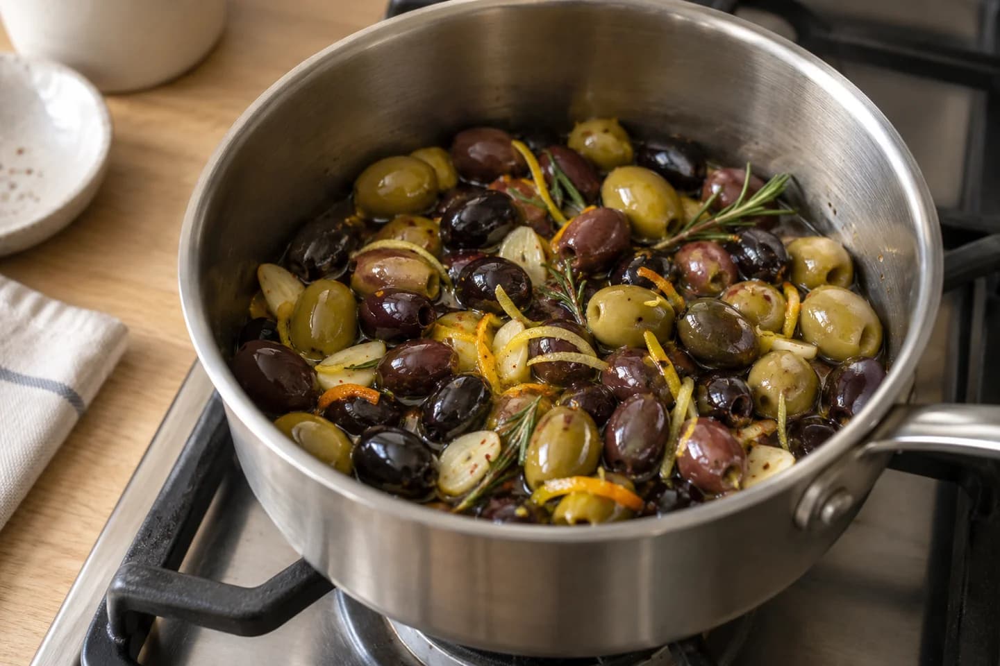 Warm Marinated Olives: Add olives and warm gently for 3 minutes without frying