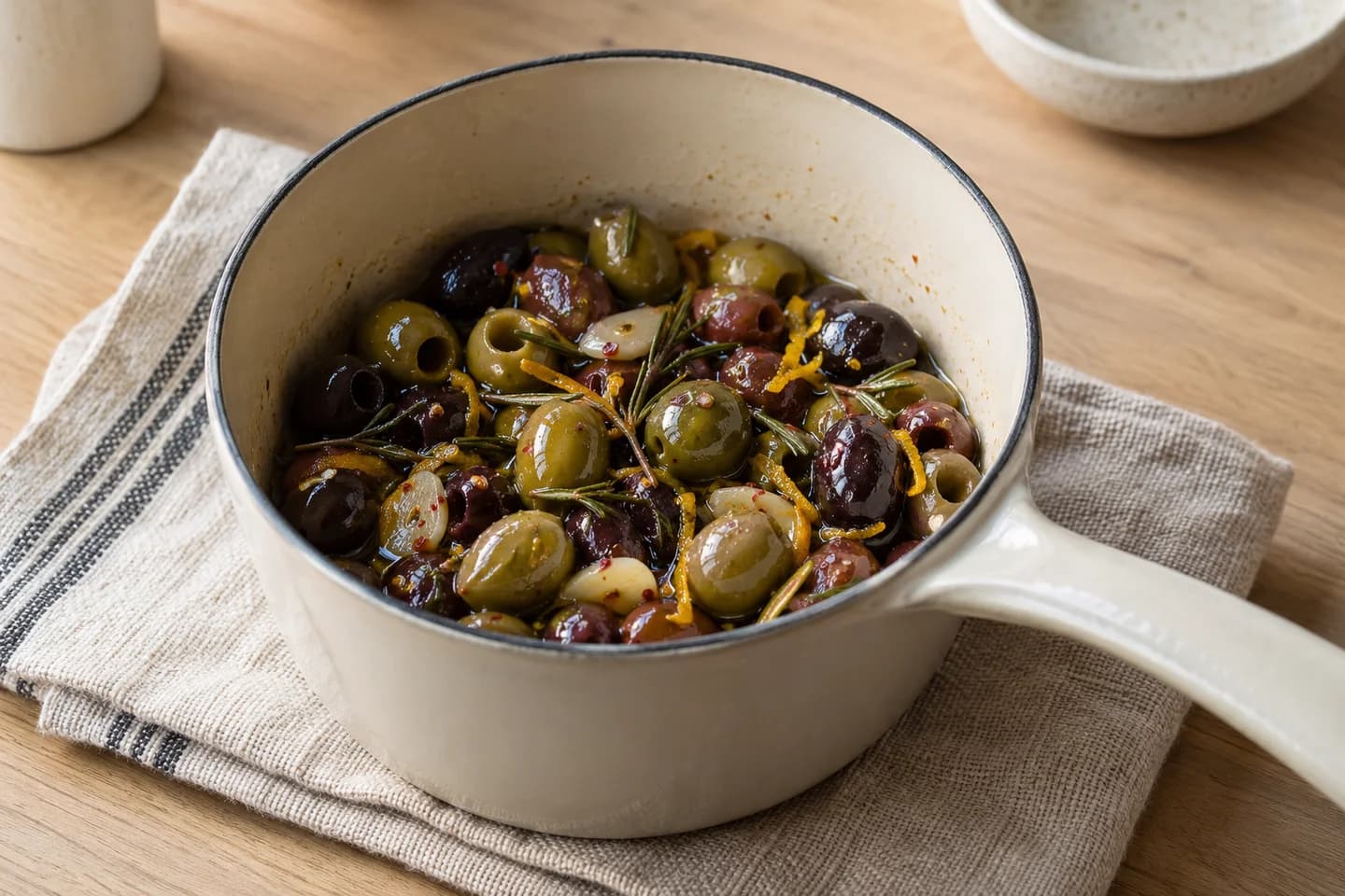 Warm Marinated Olives: Remove from the heat and let stand for 5 minutes