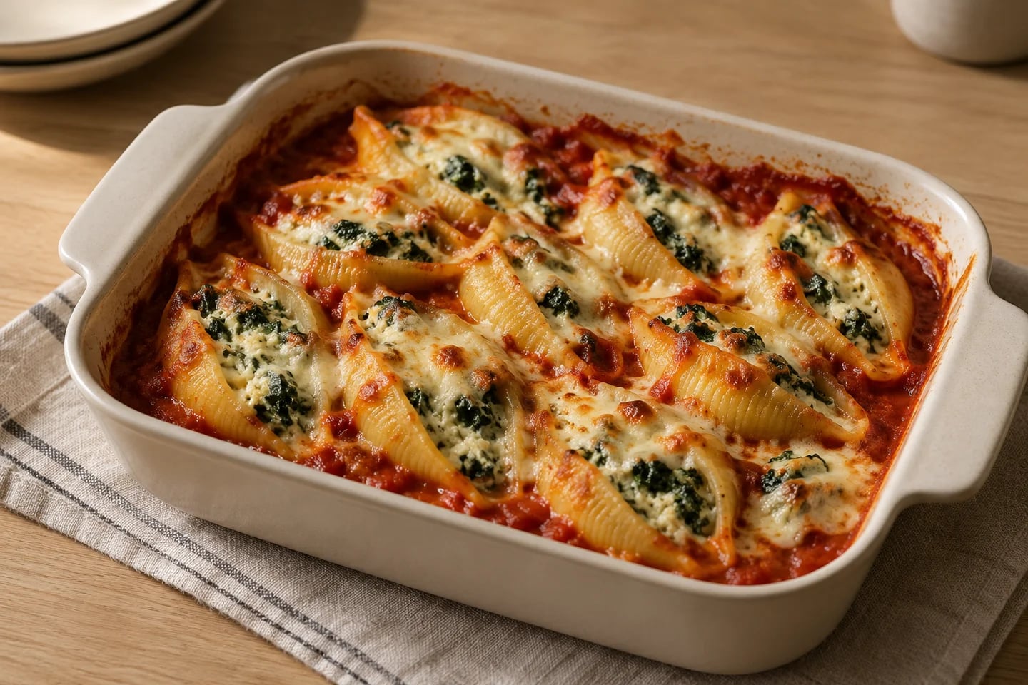 Baked Spinach Ricotta Shells, ready to serve