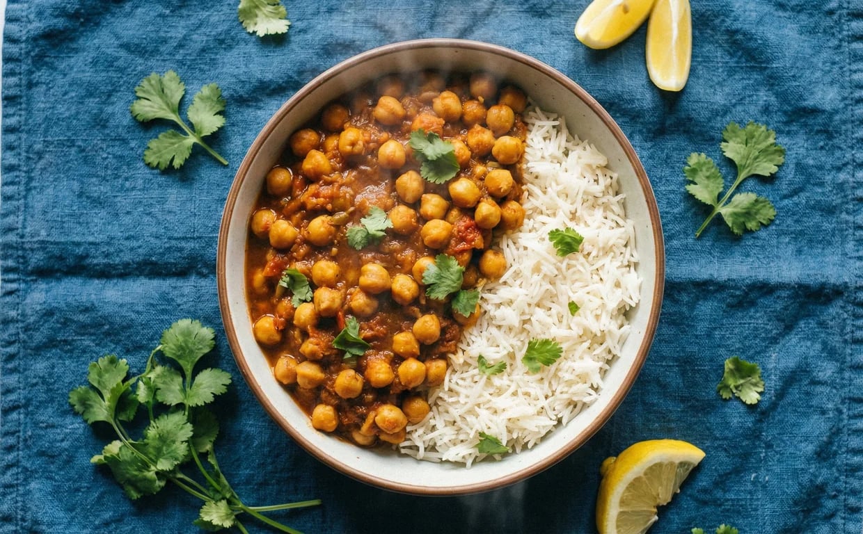 Bowl of chana masala with rice and cilantro
