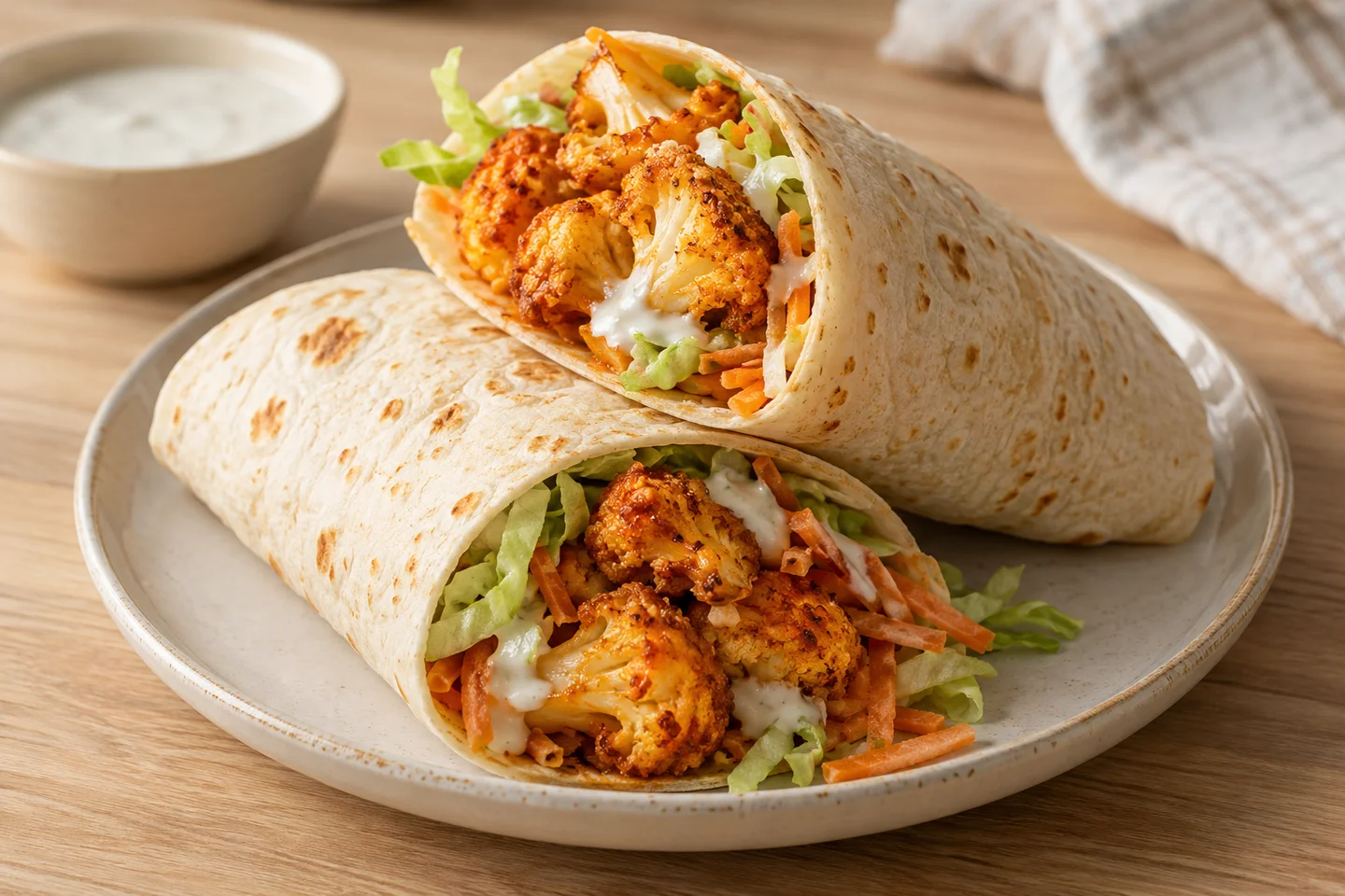 Crispy Cauliflower Buffalo Wraps, ready to serve