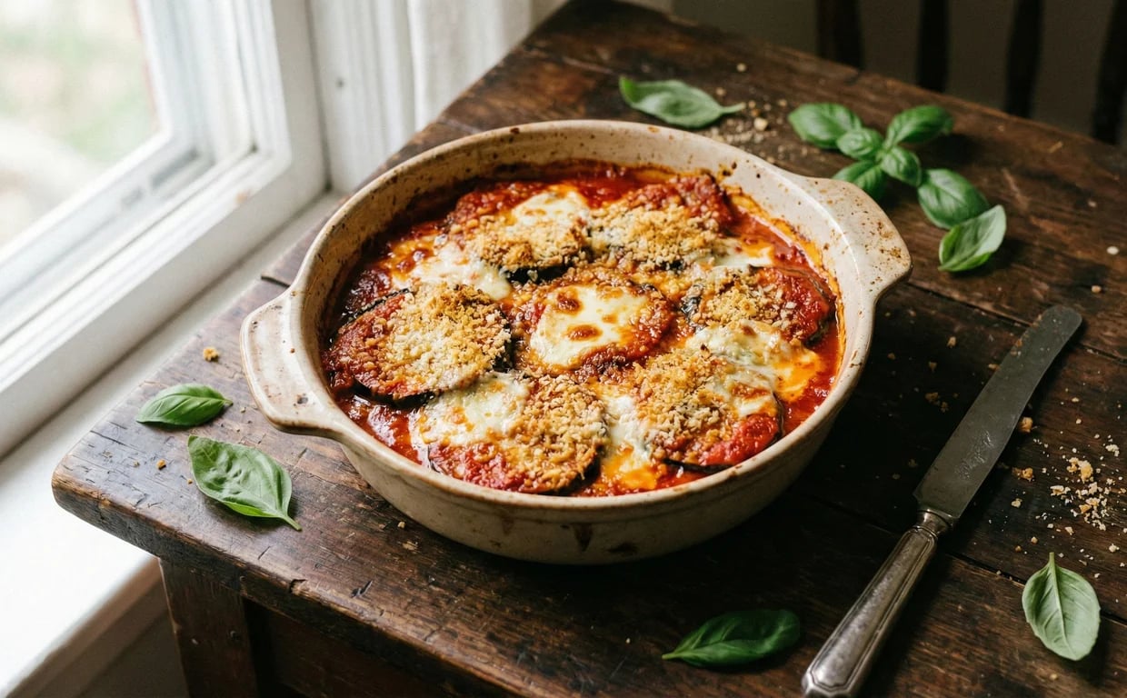 Skillet of bubbly eggplant Parmesan topped with basil