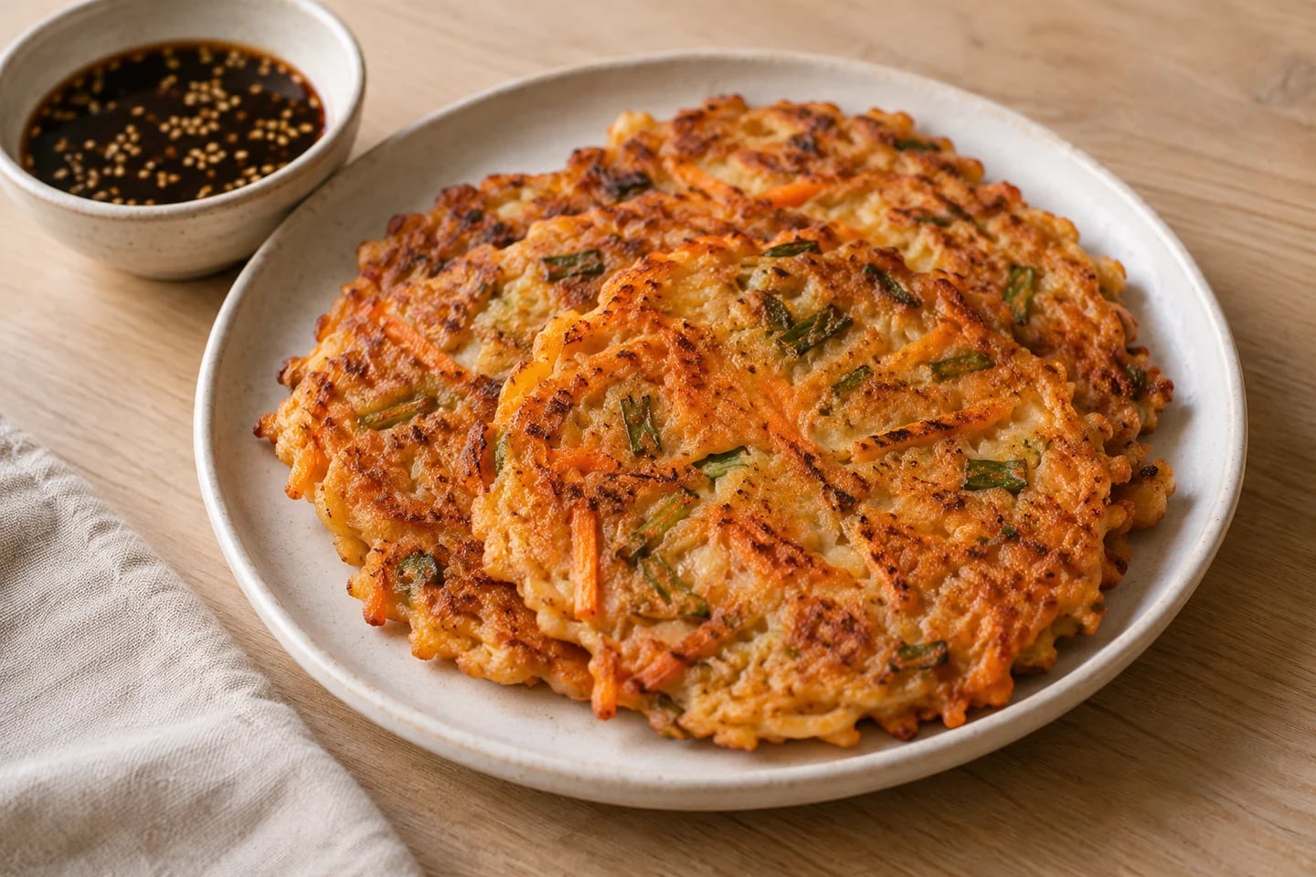 Kimchi scallion pancakes with dipping sauce