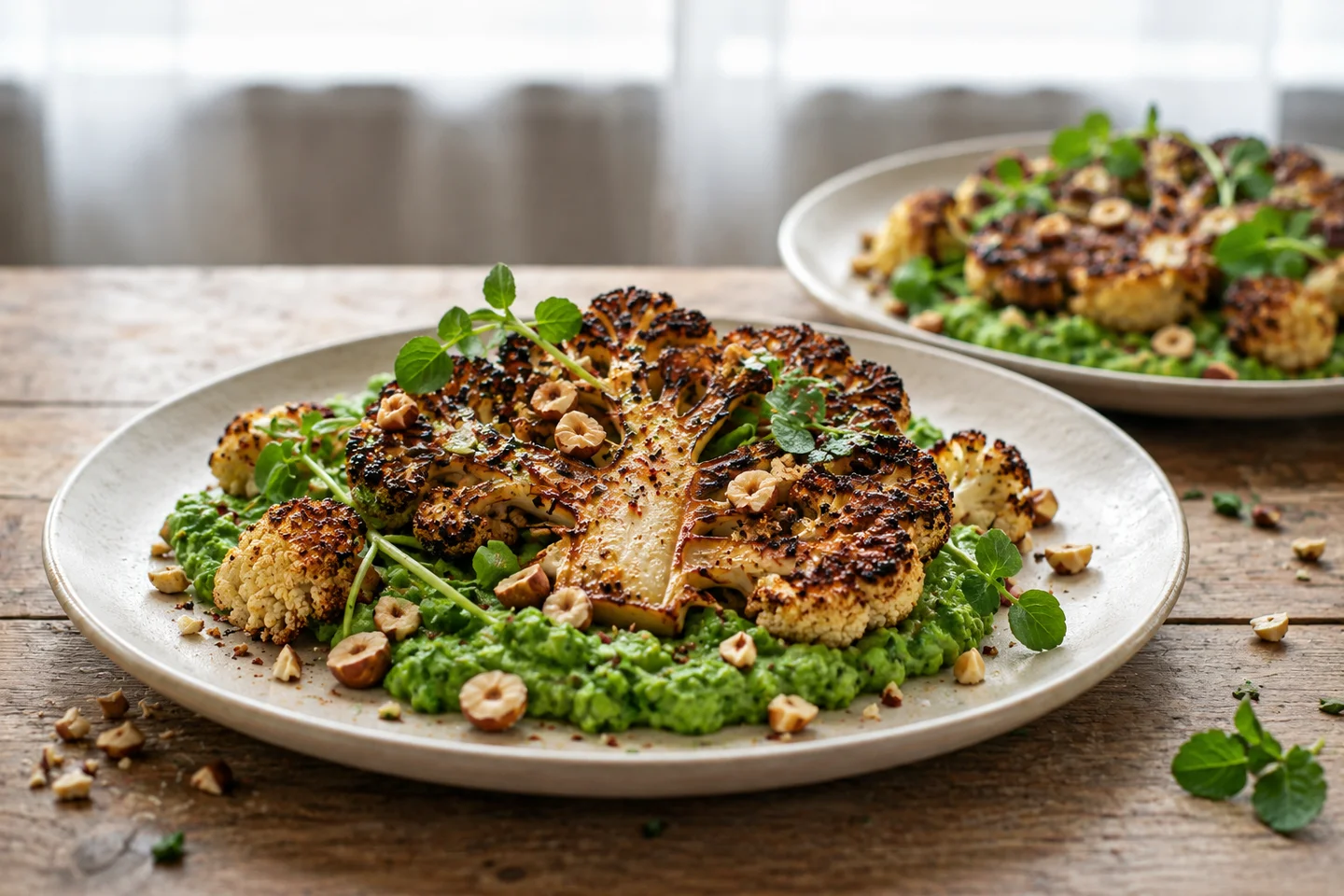 Roasted cauliflower steaks over green pea mash with chopped hazelnuts and watercress