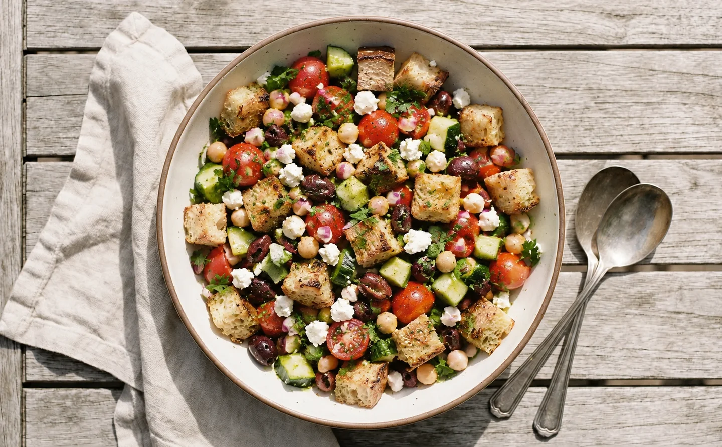 Bowl of Mediterranean panzanella salad
