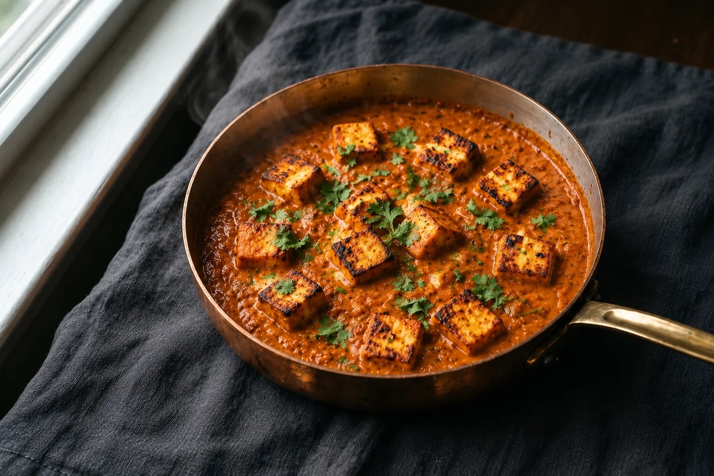 Charred paneer cubes in creamy orange-red tomato sauce with cilantro in a pan