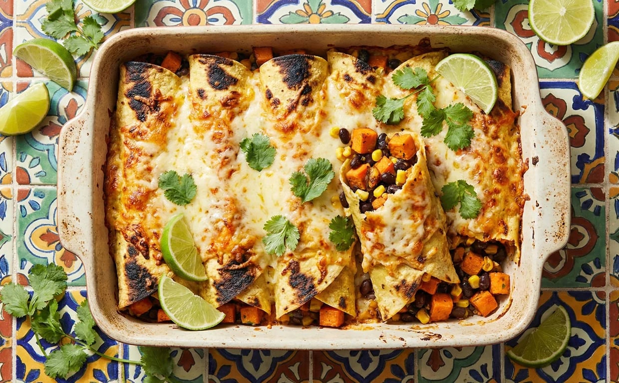 Baking dish with cheesy roasted vegetable enchiladas