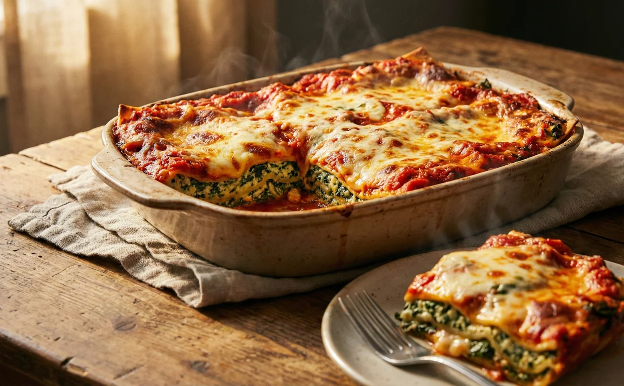 Golden spinach ricotta lasagna slices on a white plate